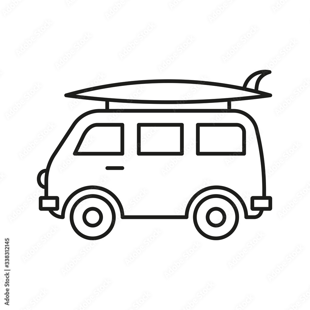 Minivan with surfboard on white background