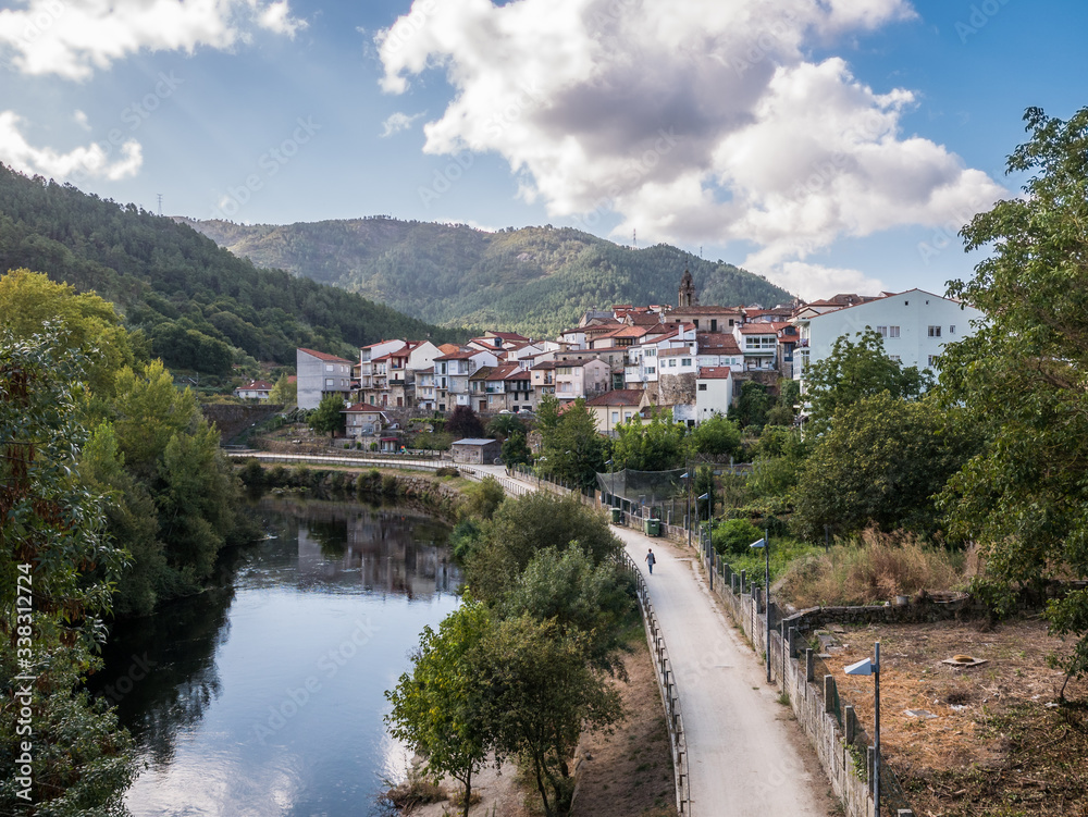 View of Ribadavia and the riverside promenade of the Avia River in the province of Ourense, Galicia, Spain