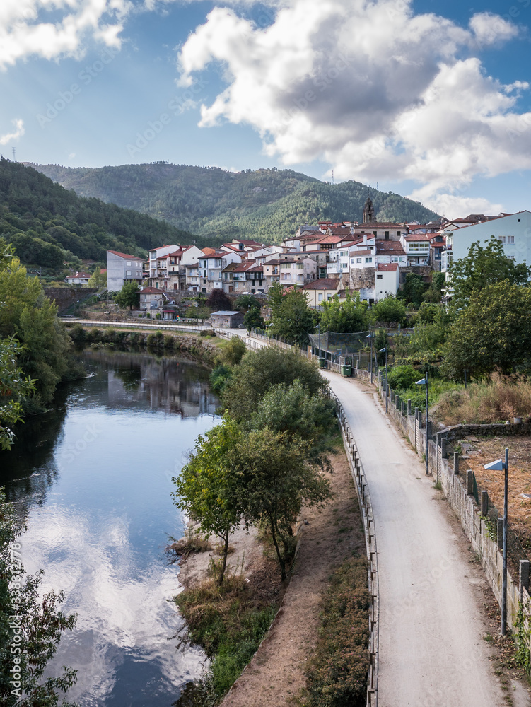 View of Ribadavia and the riverside promenade of the Avia River in the province of Ourense, Galicia, Spain