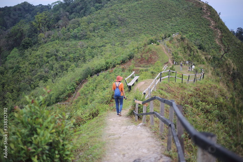 Woman enjoy the view of Phu Chi Dao Chiang Rai, Thailand