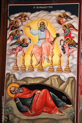 Fresco showing the Revelation to John, Apocalypse of John the Theologian in the church of Agios Ioannis Theologos in Lipsi island, Greece.