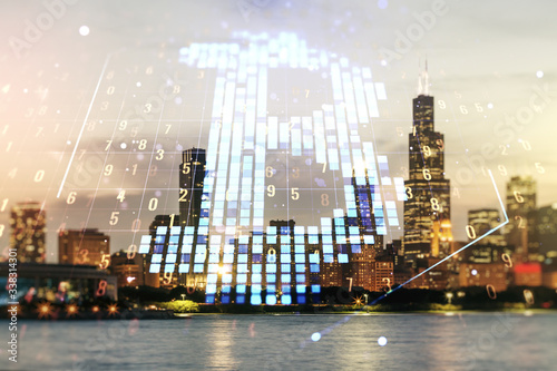 Virtual Bitcoin sketch on Chicago cityscape background. Double exposure © Pixels Hunter