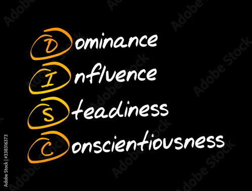 DISC, Dominance, Influence, Steadiness, Conscientiousness, acronym - personal assessment tool to improve work productivity, business and education concept