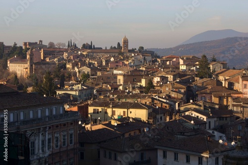panoramic view of the ancient city of Perugia, surrounded by hills in Italy