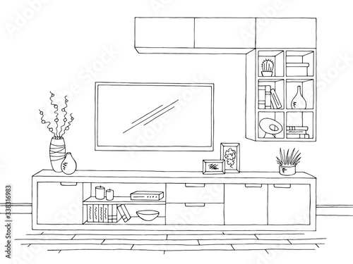 Living room graphic black white interior sketch illustration vector