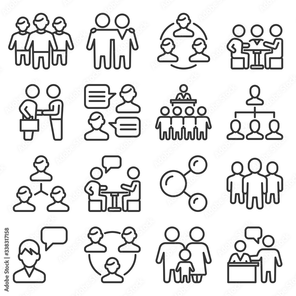 Team and Business Icons Set on White Background. Line Style Vector