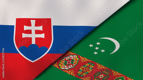 The flags of Slovakia and Turkmenistan. News, reportage, business background. 3d illustration photo