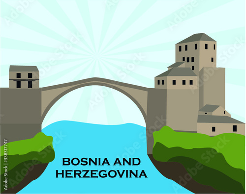 Mostar old town, Bosnia and Herzegovina, vector illustration.
country design template. World vacation travel sightseeing European collection. Stari Most aka Old Bridge in Mostar. 