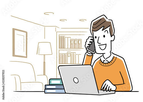 Illustration material: Young man using a personal computer at home