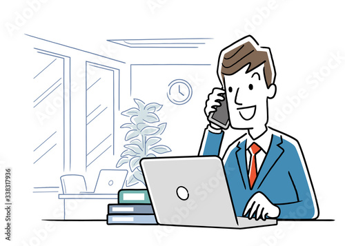 Stock illustration: a young man who uses a computer to work in the office