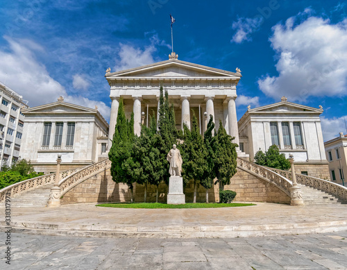 Athens Greece, the natiomal library classical building central perspective under blue sky with some clouds