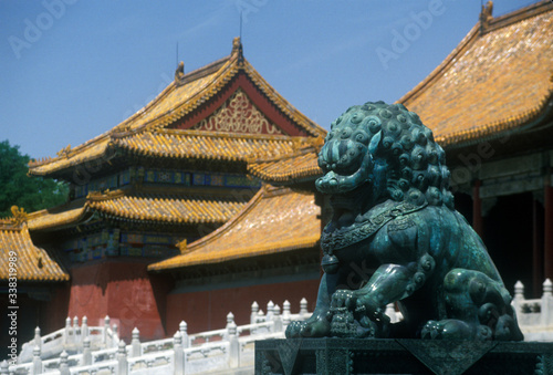 The Forbidden City - bronze lion in front of Tai he men Gate (gate of Supreme Harmony) in Beijing in Hebei Province, People's Republic of China