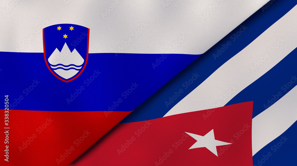 Naklejka premium The flags of Slovenia and Cuba. News, reportage, business background. 3d illustration