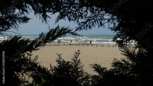 View of a sandy sea beach from a hole behind tree leafs photo