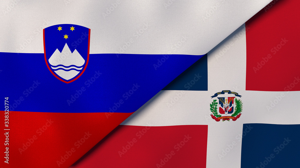The flags of Slovenia and Dominican Republic. News, reportage, business background. 3d illustration - obrazy, fototapety, plakaty 
