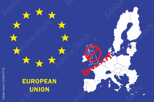 Brexit theme. European Union (EU). Map, stars and writing 