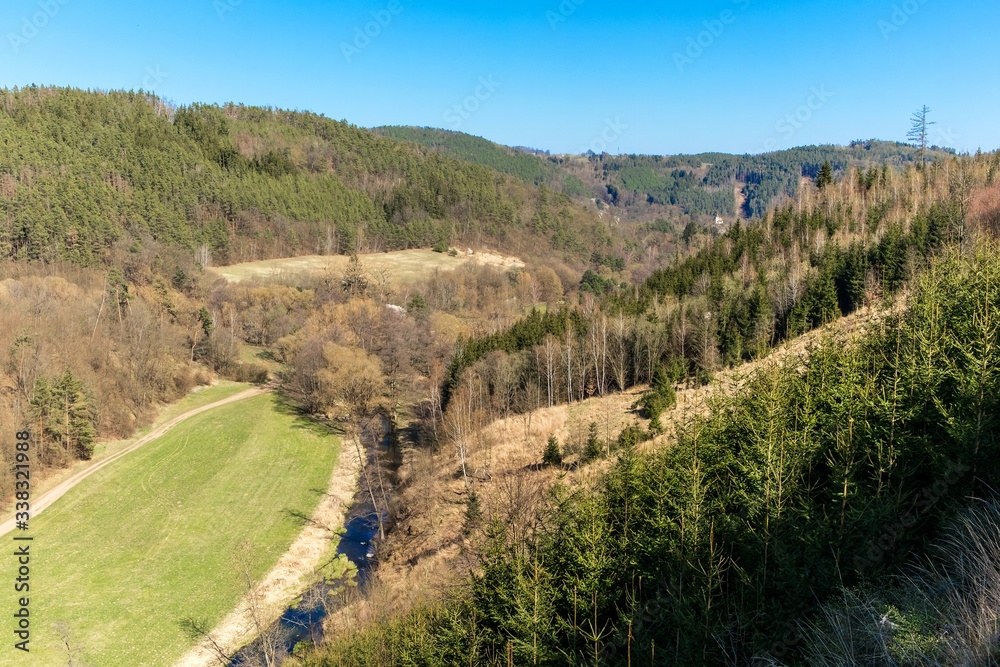 Fototapeta premium View of the Bobruvka River valley in the Czech Republic - Highlands. Wooded hills. Quiet place. A beautiful day.