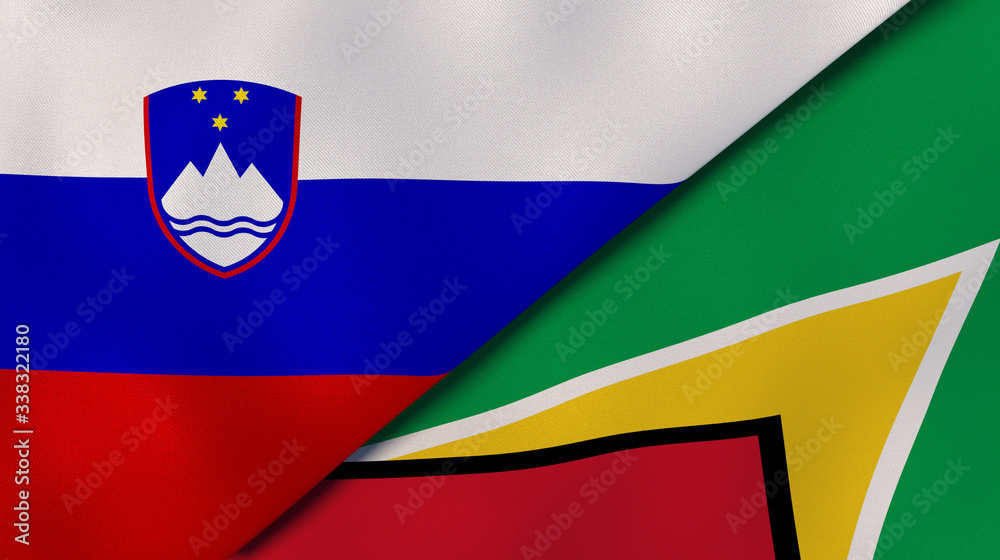 The flags of Slovenia and Guyana. News, reportage, business background. 3d illustration