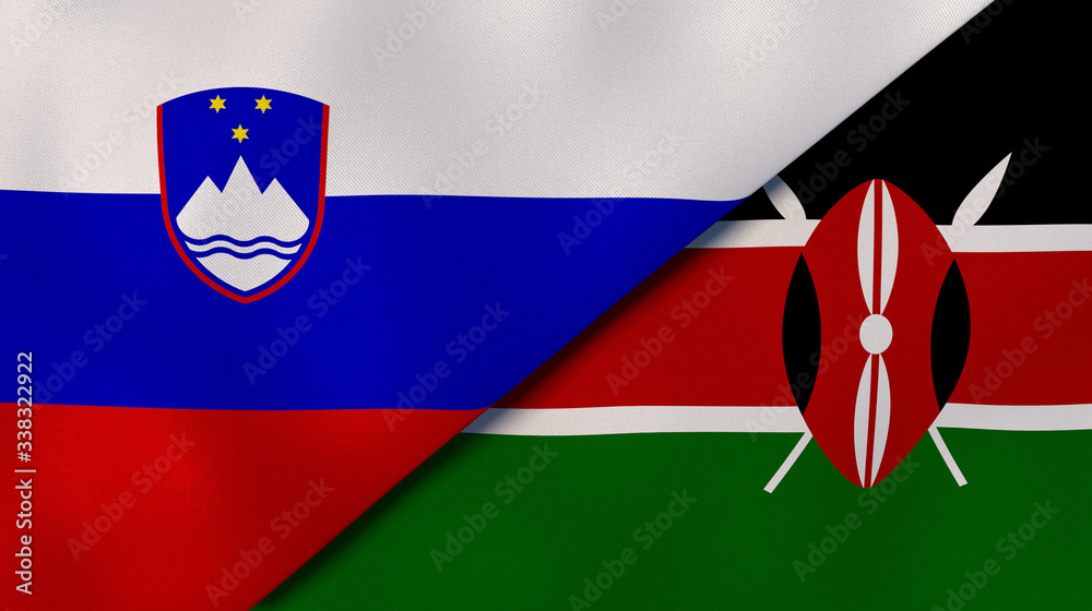 Naklejka premium The flags of Slovenia and Kenya. News, reportage, business background. 3d illustration