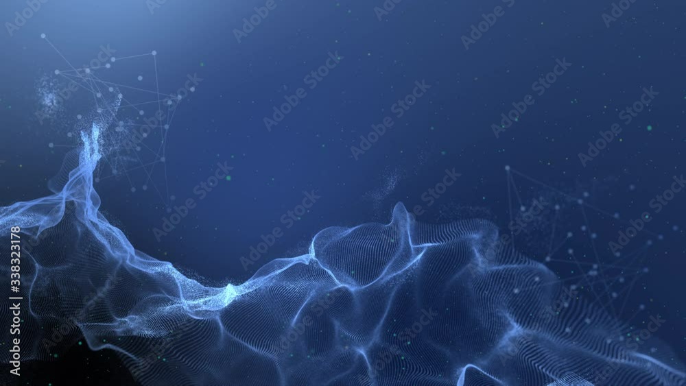 Digital blockchain network with particles in tech cyber space. Abstract wave with connected dots motion background. Seamless loop animation of communication technology for internet business.