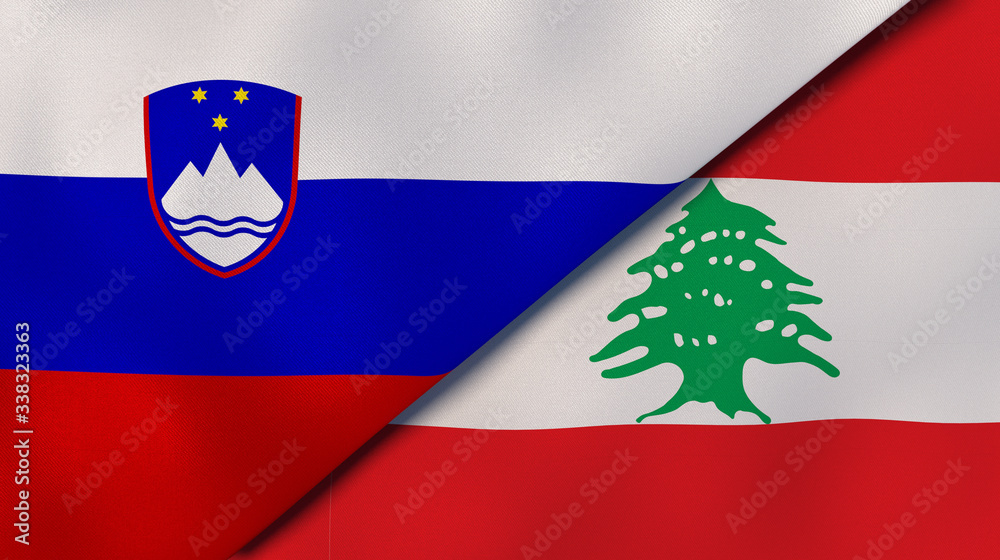 The flags of Slovenia and Lebanon. News, reportage, business background. 3d illustration