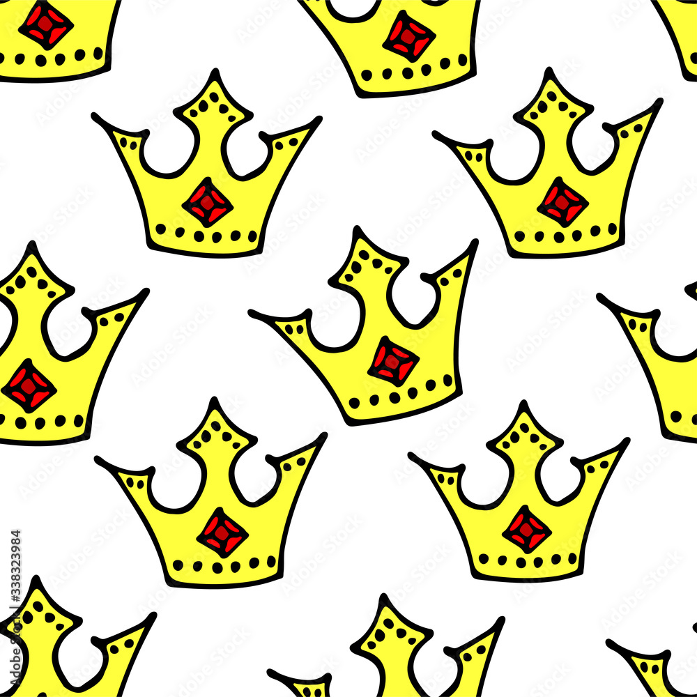 Doodle crowns seamless pattern. Hand drawn luxury background. Cute baby, little princess or royal design for childrens room, posters, celebration. Vector illustration.