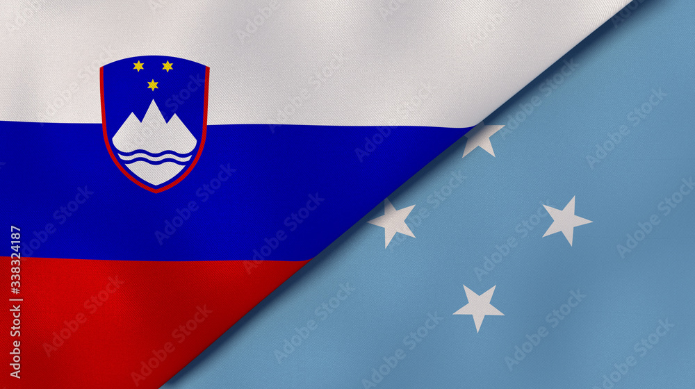Naklejka premium The flags of Slovenia and Micronesia. News, reportage, business background. 3d illustration