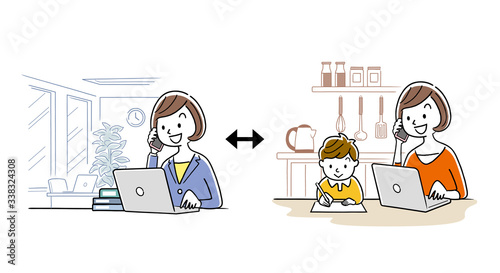 Illustration material: Woman teleworking while raising children