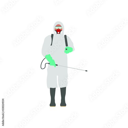 A man with protective equipment is disinfected with a sprayer in the city. Surface treatment due to covid-19 coronavirus disease. Vector illustration for web and mobile design.