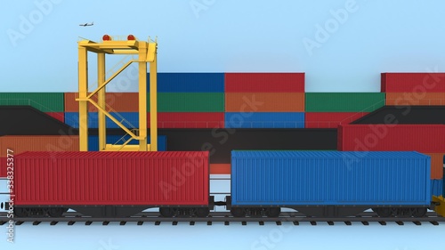 Cargo train platform with freight train container 3D rendering