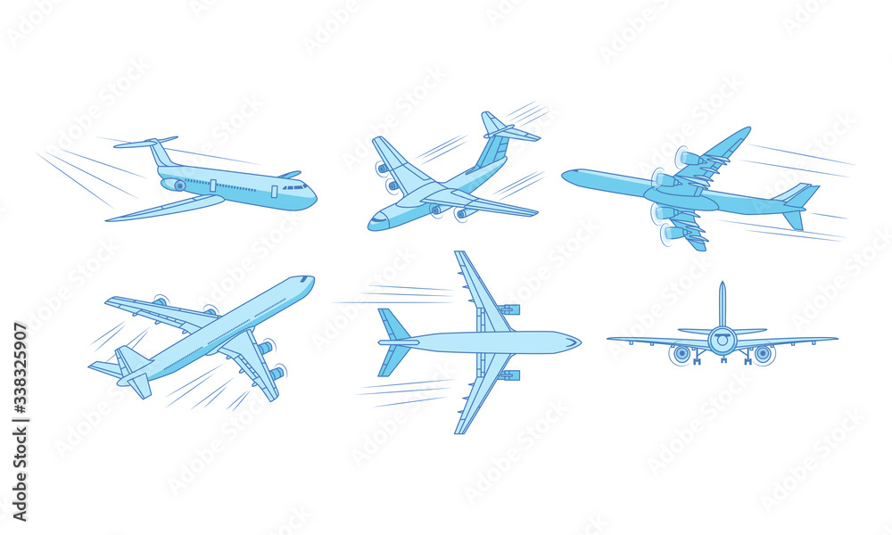 Different types of moving blue passanger airplanes over white background