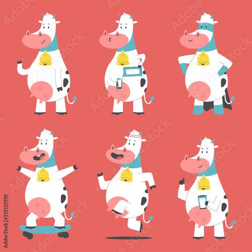 Cute cows with gold bell, milk glass, doing fitness exercise, on skateboard, in superhero costume vector cartoon characters set isolated on background.