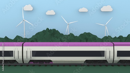 high speed train moves along mountains 3D rendering