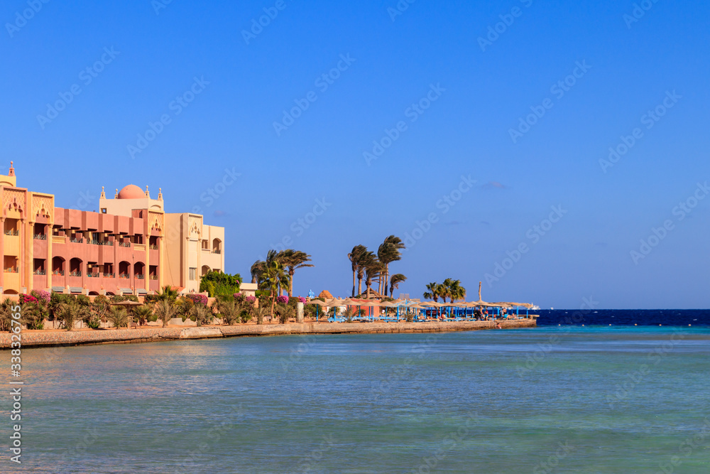 View of Red sea coast on the beach in Hurghada, Egypt