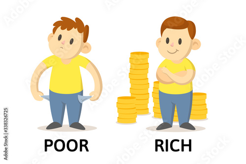 Words poor and rich textcard with cartoon characters. Opposite adjectives explanation card. Flat vector illustration, isolated on white background.