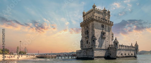 Lisbon, Portugal, November 2019: View of the Belem tower at the bank of Tejo River photo