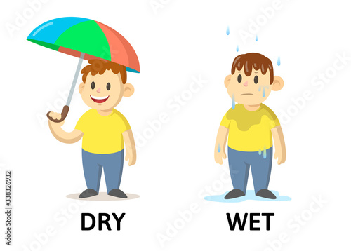 Words dry and wet textcard with cartoon characters. Opposite adjectives explanation card. Flat vector illustration, isolated on white background.