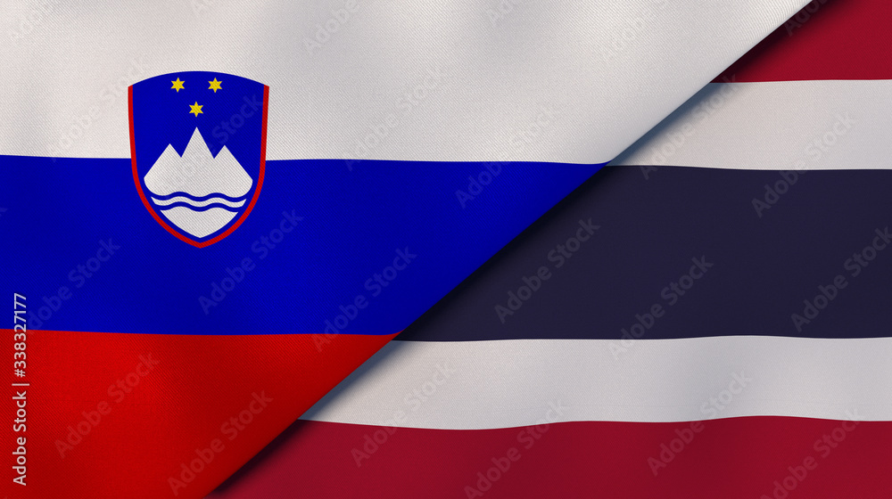 Fototapeta premium The flags of Slovenia and Thailand. News, reportage, business background. 3d illustration