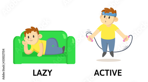 Words lazy and active textcard with cartoon characters. Opposite adjectives explanation card. Flat vector illustration, isolated on white background.