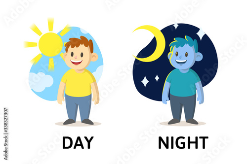 Words day and night textcard with cartoon characters. Opposite adjectives explanation card. Flat vector illustration, isolated on white background.