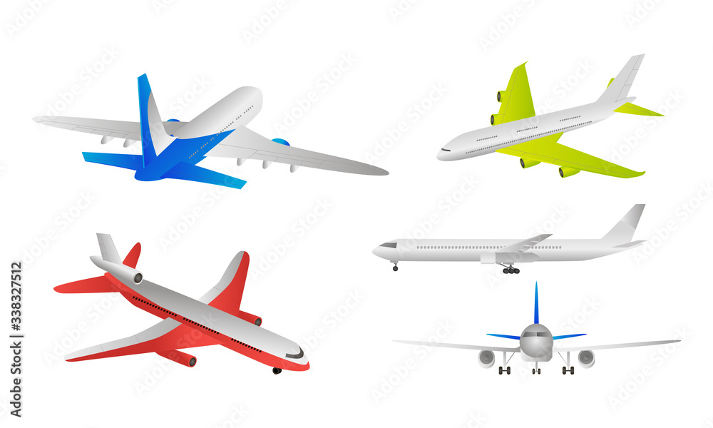 Different types of moving colorful passanger airplanes over white background