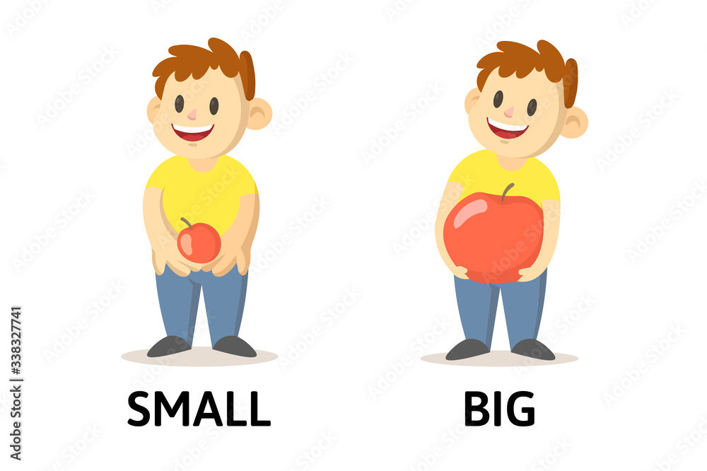 Vecteur Stock Words Small And Big Textcard With Cartoon Characters 