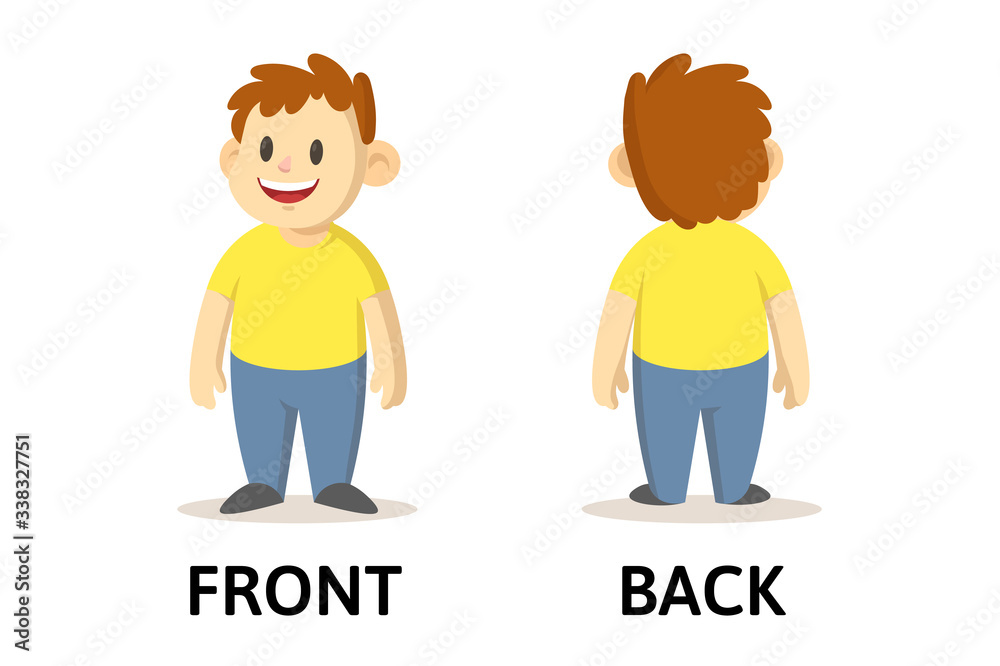 Words front and back textcard with cartoon characters. Opposite adjectives explanation card. Flat vector illustration, isolated on white background.