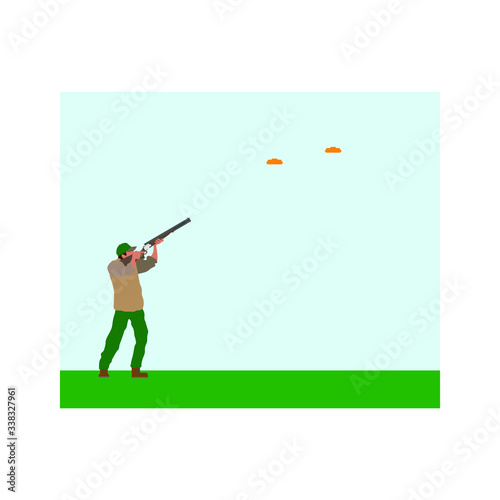 man with shotgun practicing clay pigeon shooting. Vector illustration for web and mobile design.