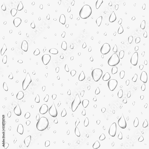 Different realistic transparent water drops. Glass bubble drop condensation surface on isolated background. Vector clean drop splash