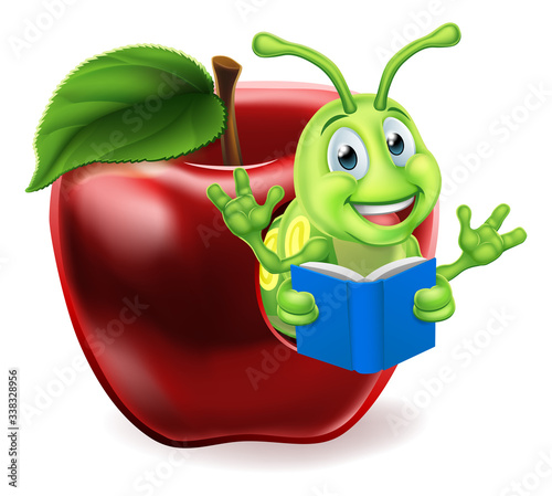 A cute caterpillar bookworm worm cute cartoon character education mascot coming out of an apple reading a book