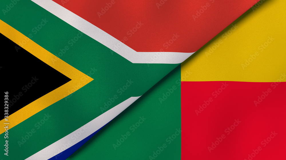 The flags of South Africa and Benin. News, reportage, business background. 3d illustration