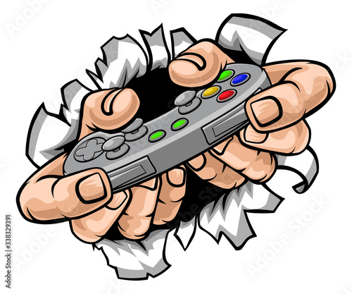 An illustration of gamer hands holding a video game controller breaking wall or background