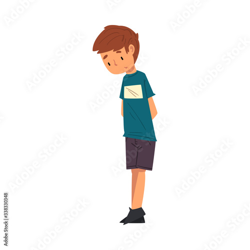 Unhappy Boy Standing with Bowed Head, Cute Sad Child in Shorts and Tshirt Vector Illustration
