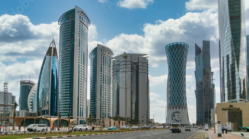 Doha  Qatar - February 2019  Skyscrapers in Financial District skyline in West Bay  Doha  Qatar